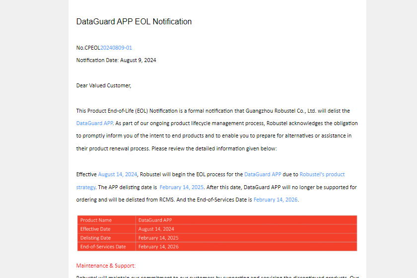 ロバステル DataGuard APP EOL 通知